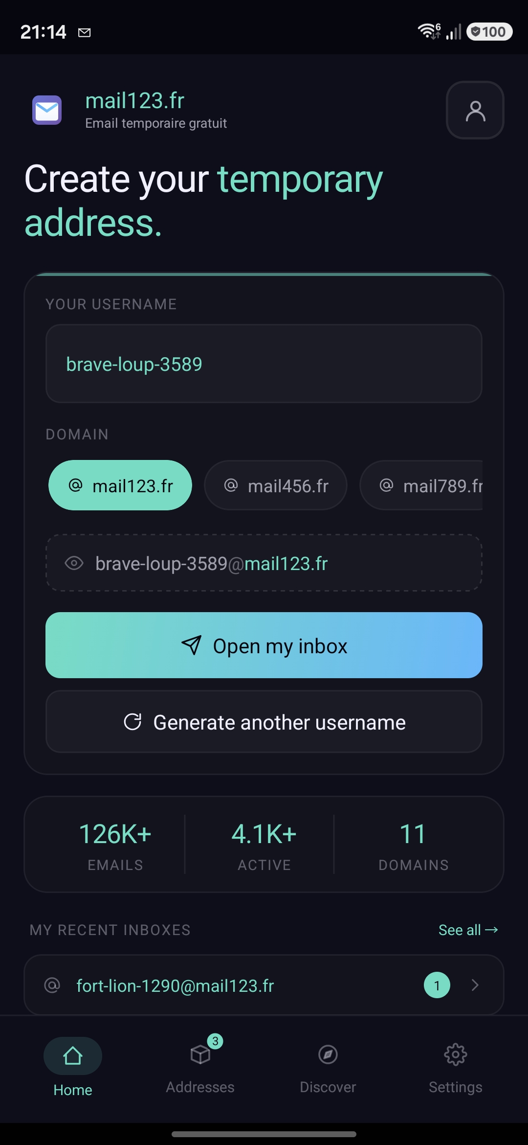 mail123 app home screen with disposable address generator