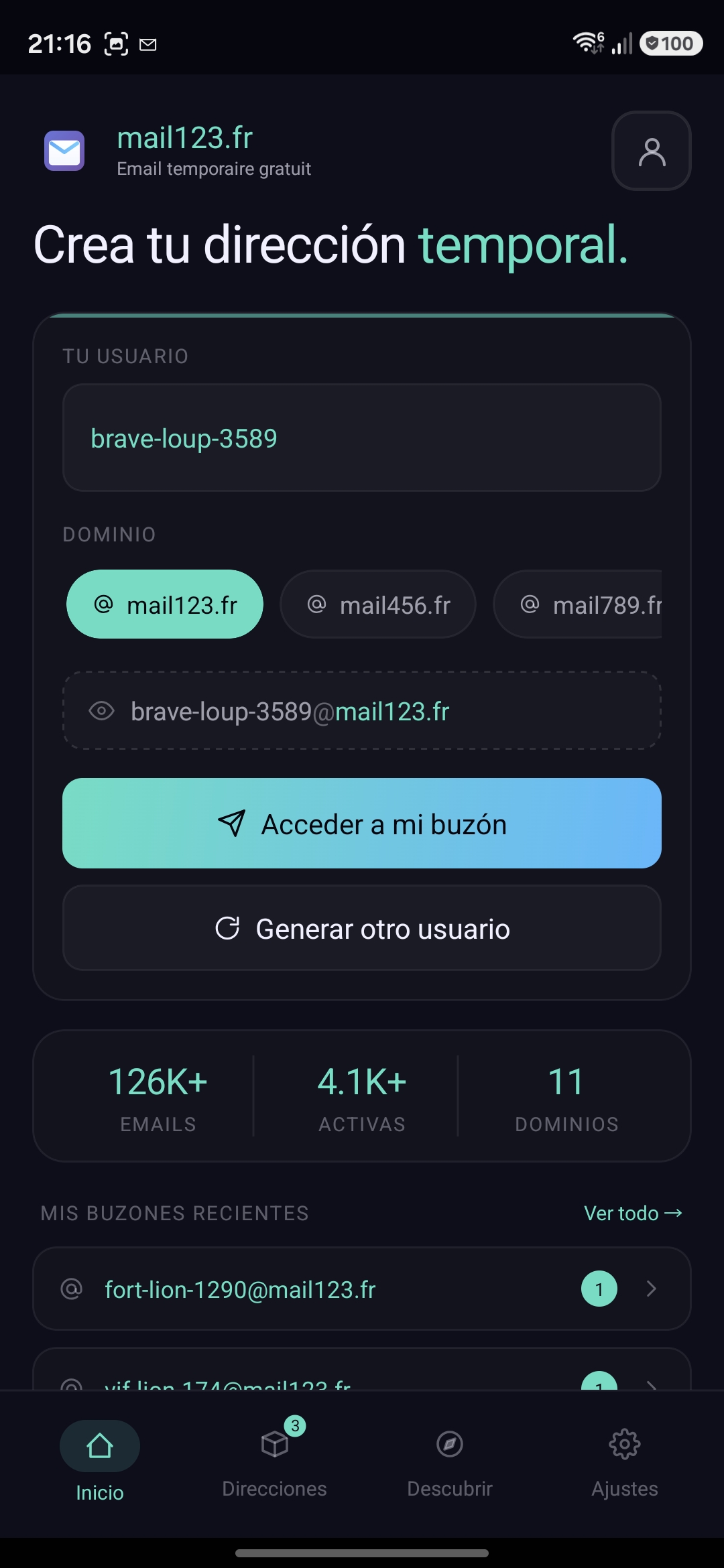 Pantalla de inicio de la app mail123 con generador de direcciones