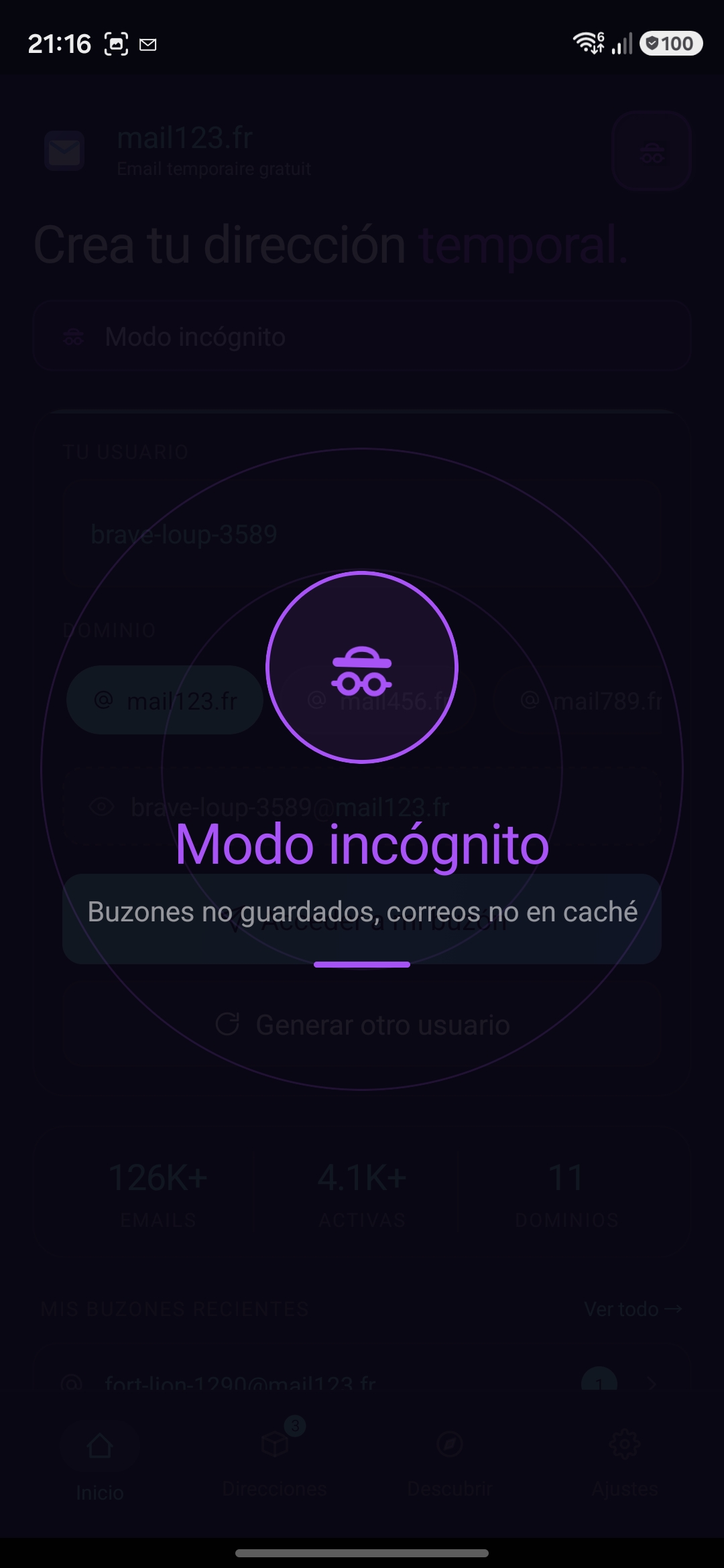 Modo incógnito activado