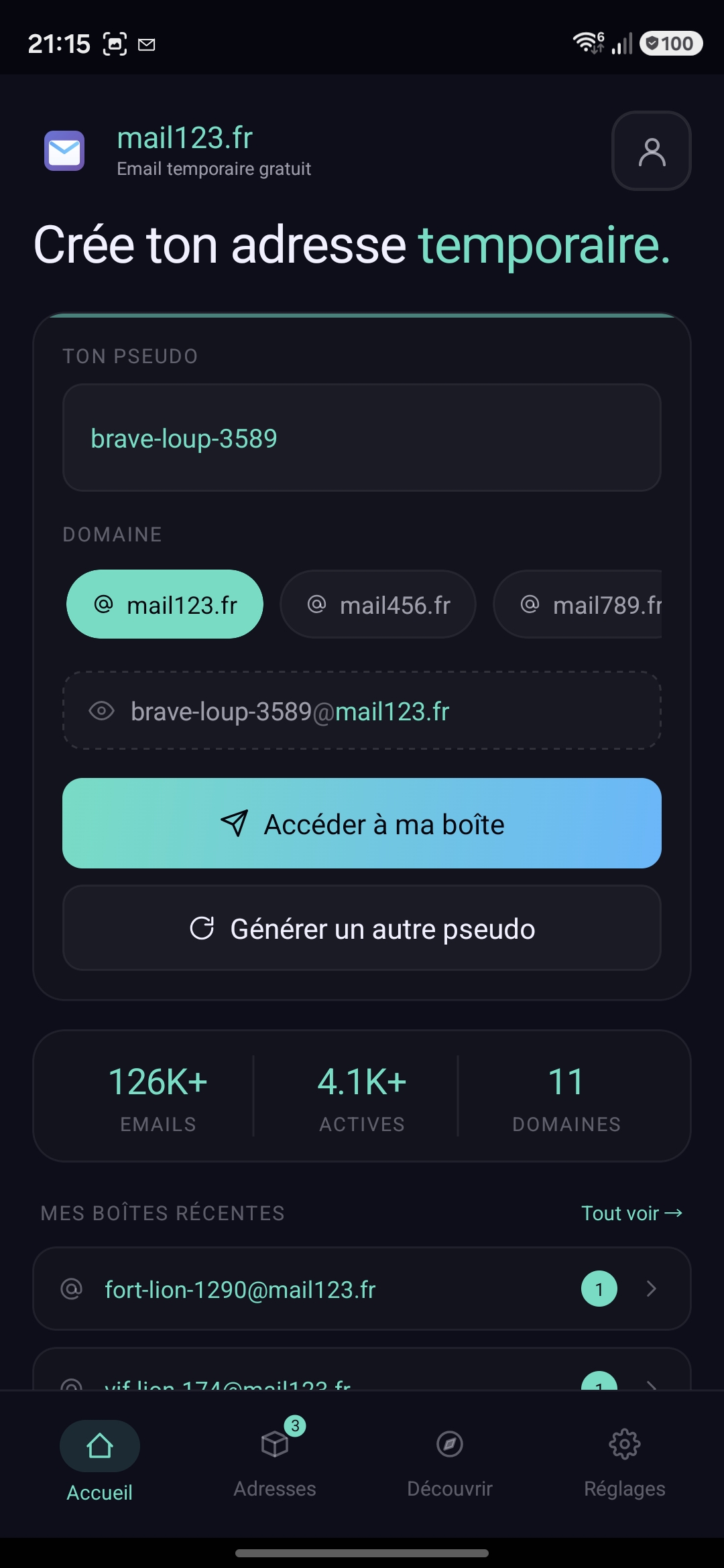 Écran d'accueil de l'app mail123 avec génération d'adresse temporaire