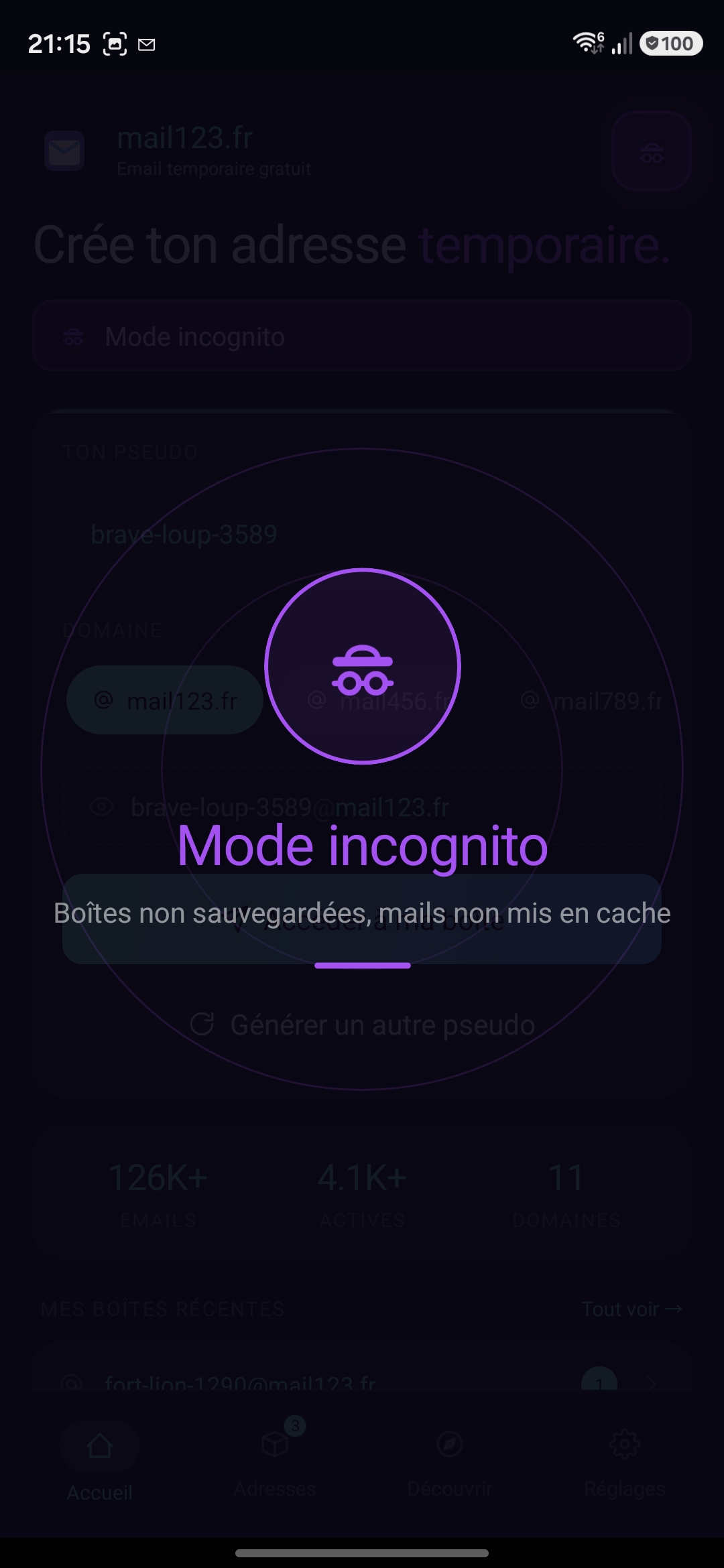 Mode incognito activé sur l'app
