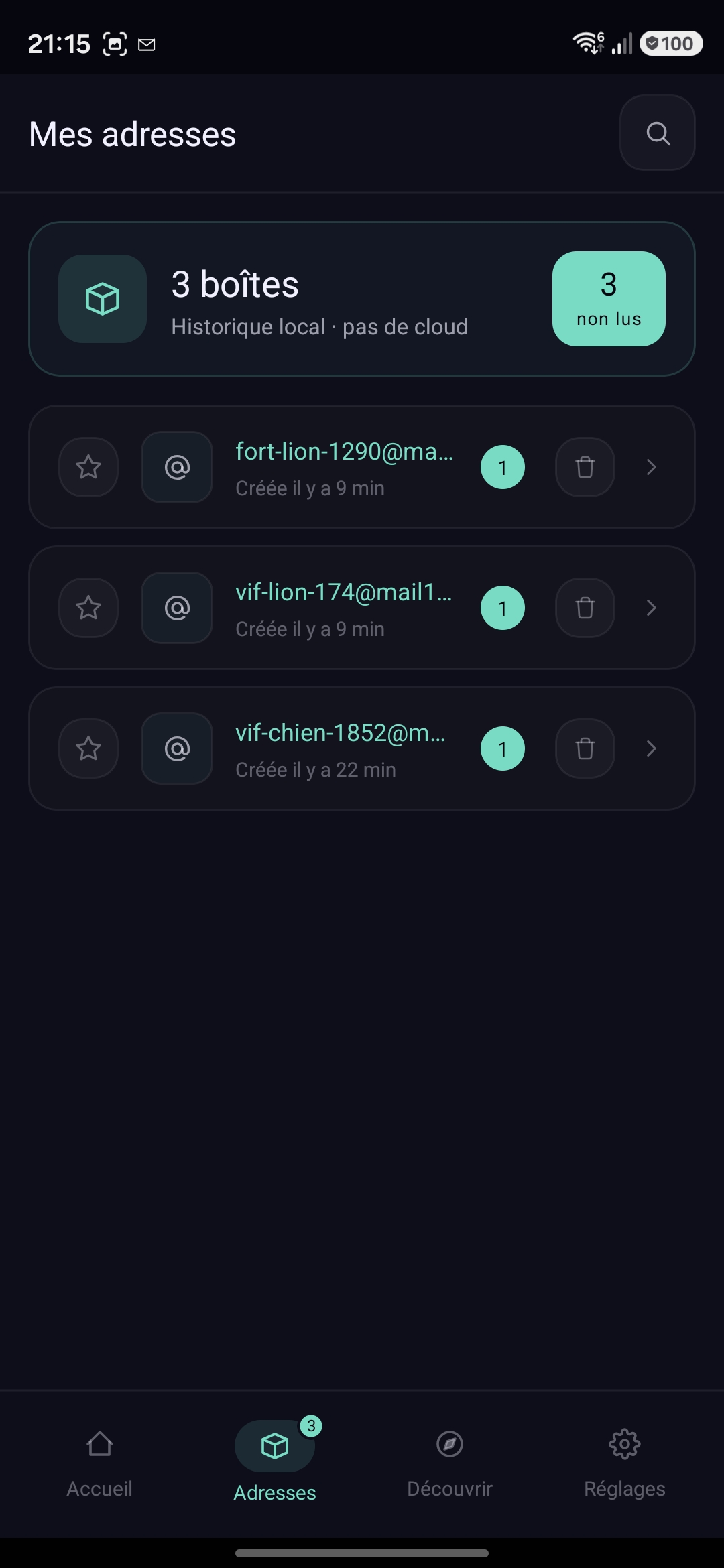 Liste des boîtes actives dans l'app mail123