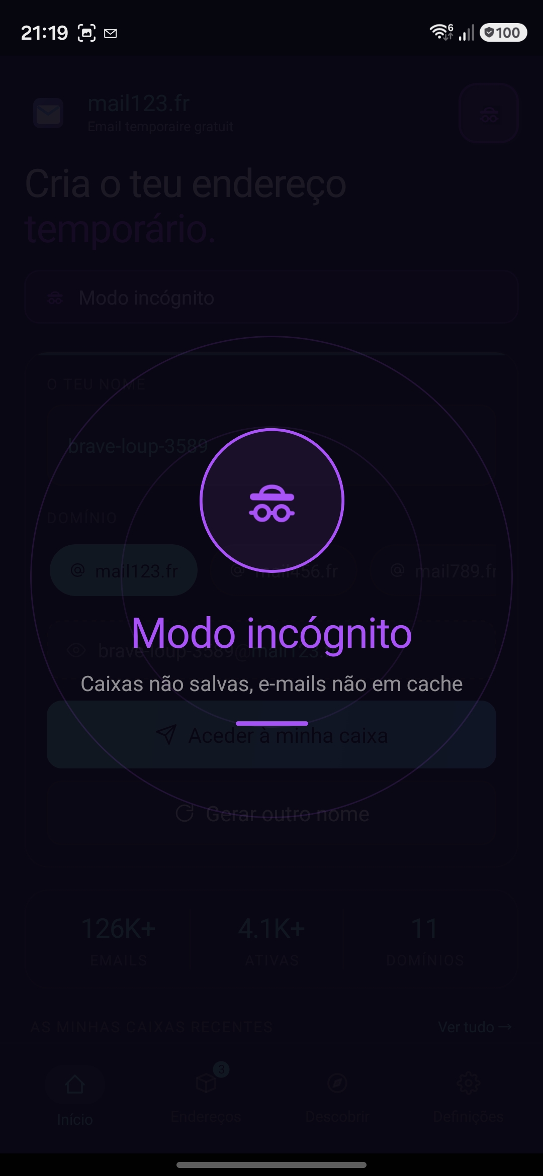 Modo incógnito ativado