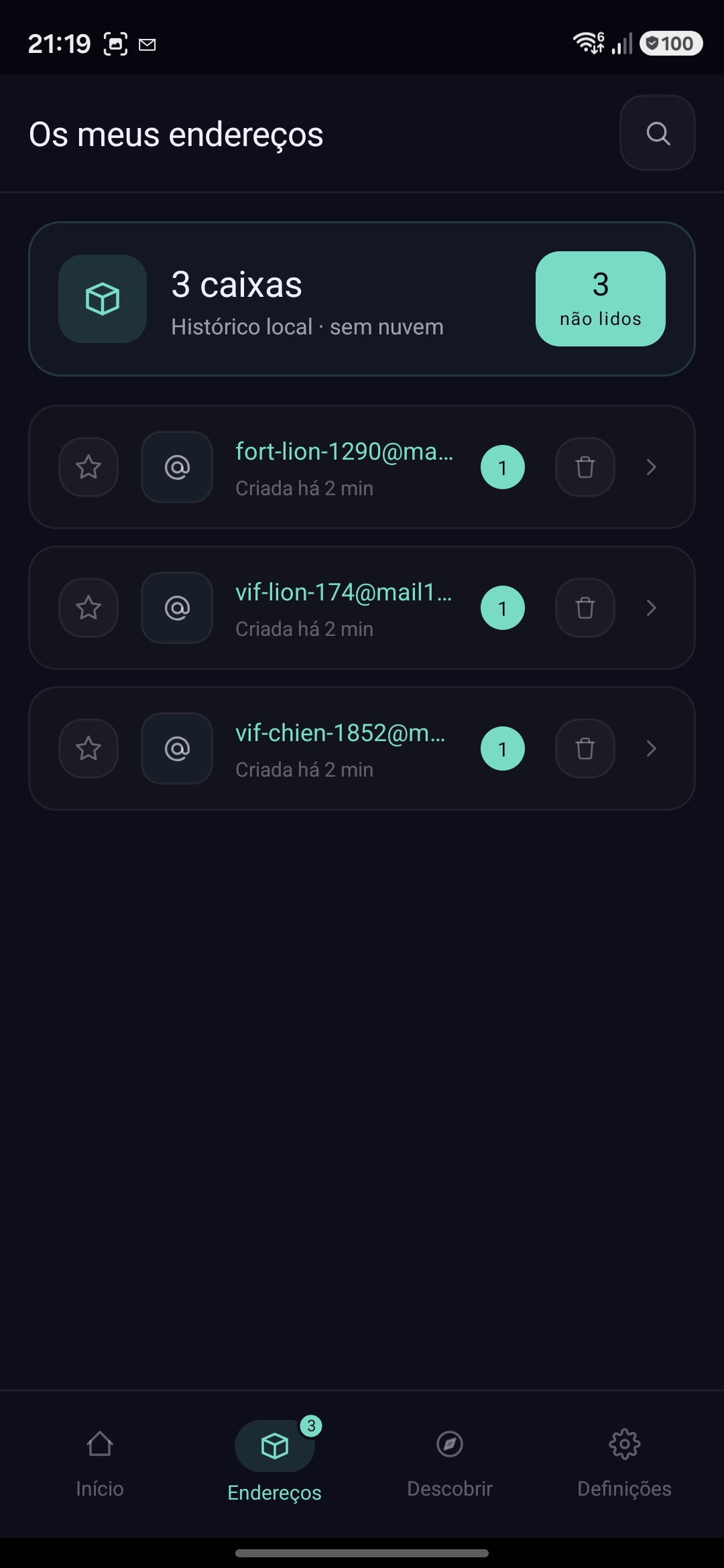 Lista de caixas ativas na app
