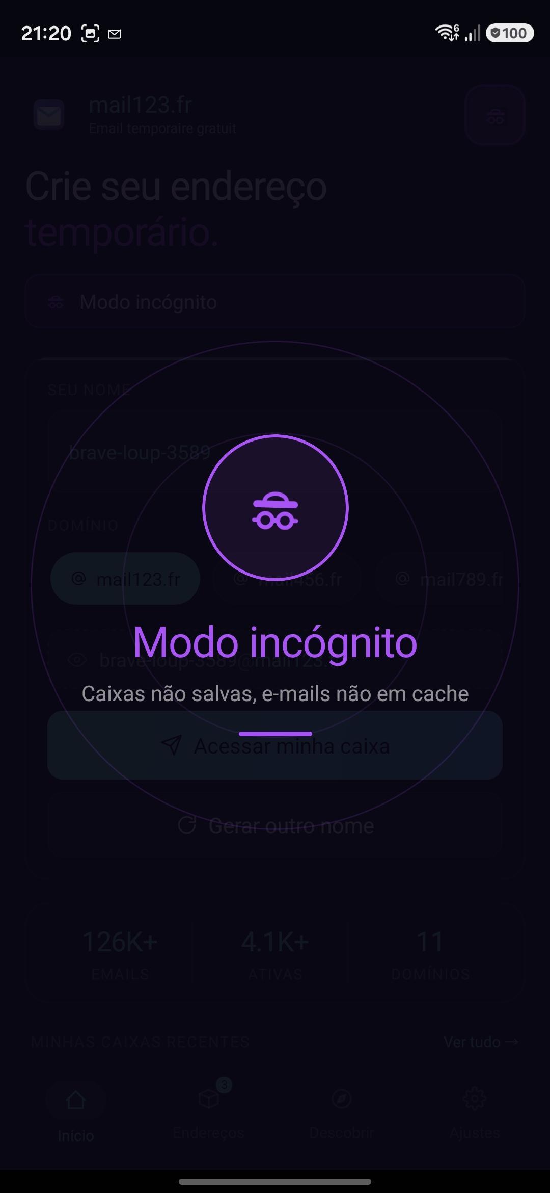 Modo incógnito ativo