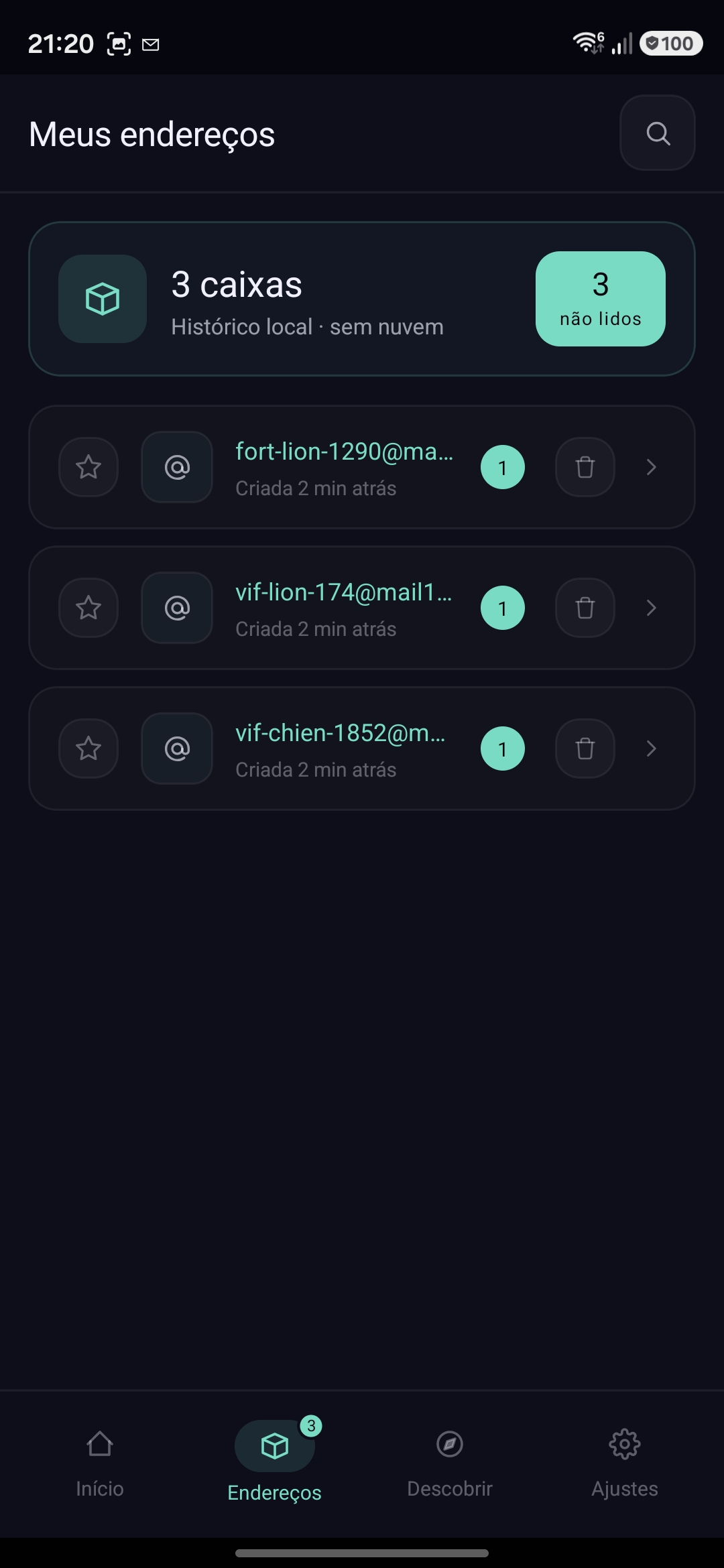 Lista de caixas ativas no app