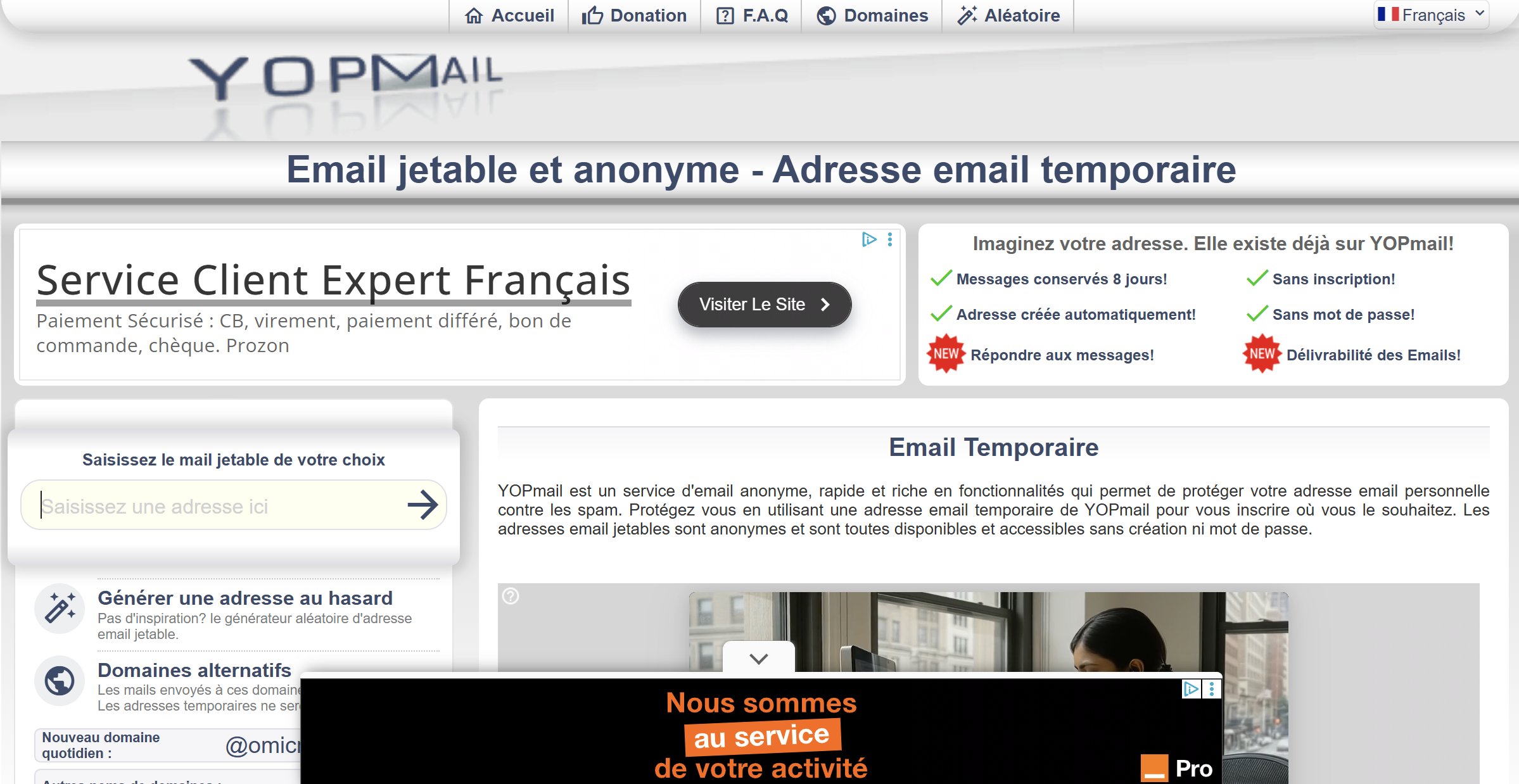 YOPmail home page in May 2026